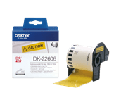 The Brother DK-22606 Black on Yellow Continuous Film Label Tape – 62mm. Tape is 15.24m long, 62mm wide.